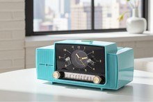 Load image into Gallery viewer, Ocean Turquoise Mid Century 1957 General Electric Model C-417C Vacuum Tube AM Clock Radio Popular Model Sounds Terrific!