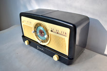Load image into Gallery viewer, Ebony Ivory 1950 Jewel Wakemaster Model 5057U Vacuum Tube AM Clock Radio Beautiful Design Sounds Great!