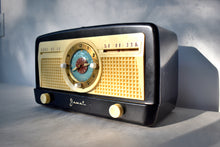 Load image into Gallery viewer, Ebony Ivory 1950 Jewel Wakemaster Model 5057U Vacuum Tube AM Clock Radio Beautiful Design Sounds Great!
