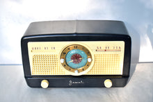 Load image into Gallery viewer, Ebony Ivory 1950 Jewel Wakemaster Model 5057U Vacuum Tube AM Clock Radio Beautiful Design Sounds Great!