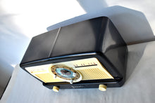 Load image into Gallery viewer, Ebony Ivory 1950 Jewel Wakemaster Model 5057U Vacuum Tube AM Clock Radio Beautiful Design Sounds Great!