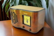 Load image into Gallery viewer, Curved Wood 1939 Firestone Model S-7398-1 "The Beaumont" Vacuum Tube AM Radio Excellent Condition! Sounds Great!