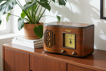 Load image into Gallery viewer, Curved Wood 1939 Firestone Model S-7398-1 "The Beaumont" Vacuum Tube AM Radio Excellent Condition! Sounds Great!