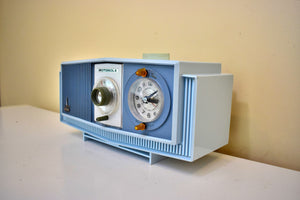 Tuxedo Blue 1963 Motorola Model C4B2 AM Vacuum Tube Clock Radio Neon Lighted Clock Dial! Sounds Wonderful!