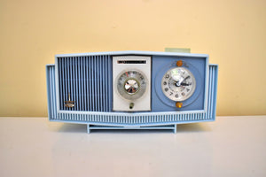 Tuxedo Blue 1963 Motorola Model C4B2 AM Vacuum Tube Clock Radio Neon Lighted Clock Dial! Sounds Wonderful!