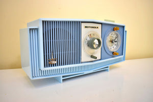 Tuxedo Blue 1963 Motorola Model C4B2 AM Vacuum Tube Clock Radio Neon Lighted Clock Dial! Sounds Wonderful!