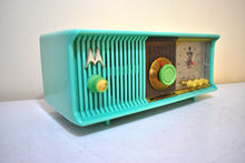 Load image into Gallery viewer, Sea Green 1957 Motorola Model 56CC Vacuum Tube AM Clock Radio Rare Model and Color Sounds Fantastic!