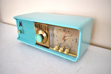 Load image into Gallery viewer, Aquamarine Turquoise 1957 Motorola Model 56CD4 Vacuum Tube AM Clock Radio Rare Model and Color Sounds Fantastic!