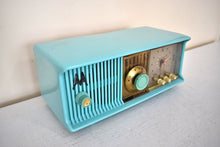 Load image into Gallery viewer, Aquamarine Turquoise 1957 Motorola Model 56CD4 Vacuum Tube AM Clock Radio Rare Model and Color Sounds Fantastic!