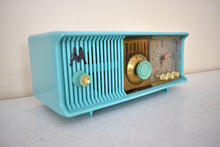 Load image into Gallery viewer, Aquamarine Turquoise 1957 Motorola Model 56CD4 Vacuum Tube AM Clock Radio Rare Model and Color Sounds Fantastic!