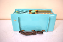 Load image into Gallery viewer, Aquamarine Turquoise 1957 Motorola Model 56CD4 Vacuum Tube AM Clock Radio Rare Model and Color Sounds Fantastic!