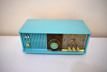Load image into Gallery viewer, Aquamarine Turquoise 1957 Motorola Model 56CD4 Vacuum Tube AM Clock Radio Rare Model and Color Sounds Fantastic!