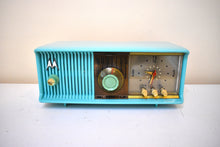Load image into Gallery viewer, Aquamarine Turquoise 1957 Motorola Model 56CD4 Vacuum Tube AM Clock Radio Rare Model and Color Sounds Fantastic!