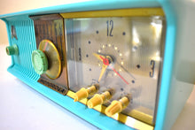 Load image into Gallery viewer, Aquamarine Turquoise 1957 Motorola Model 56CD4 Vacuum Tube AM Clock Radio Rare Model and Color Sounds Fantastic!