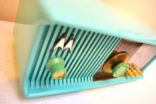 Load image into Gallery viewer, Aquamarine Turquoise 1957 Motorola Model 56CD4 Vacuum Tube AM Clock Radio Rare Model and Color Sounds Fantastic!