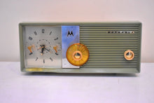 Load image into Gallery viewer, Olive Blue 1957 Motorola Model 5C15BW Vacuum Tube AM Clock Radio Rare Color Sounds Wonderful!