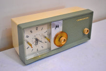 Load image into Gallery viewer, Olive Blue 1957 Motorola Model 5C15BW Vacuum Tube AM Clock Radio Rare Color Sounds Wonderful!
