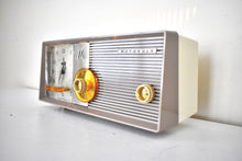 Load image into Gallery viewer, Sahara Taupe 1957 Motorola Model 5C25CW Vacuum Tube AM Clock Radio Excellent Condition and Sounds Outstanding! Rare Color!