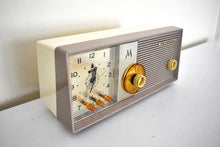 Load image into Gallery viewer, Sahara Taupe 1957 Motorola Model 5C25CW Vacuum Tube AM Clock Radio Excellent Condition and Sounds Outstanding! Rare Color!