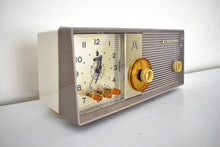 Load image into Gallery viewer, Sahara Taupe 1957 Motorola Model 5C25CW Vacuum Tube AM Clock Radio Excellent Condition and Sounds Outstanding! Rare Color!