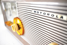 Load image into Gallery viewer, Sahara Taupe 1957 Motorola Model 5C25CW Vacuum Tube AM Clock Radio Excellent Condition and Sounds Outstanding! Rare Color!
