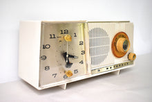 Load image into Gallery viewer, Linen Ivory 1961 Motorola C18W  Alarm Clock Radio Vacuum Tube AM Clock Radio Excellent Plus Condition and Sounds Fantastic!