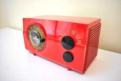 Crimson Red 1953 Motorola Model 53C4 AM Vacuum Tube Clock Radio Alarm Rare Model Excellent Color and Sound!