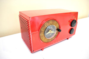 Crimson Red 1953 Motorola Model 53C4 AM Vacuum Tube Clock Radio Alarm Rare Model Excellent Color and Sound!