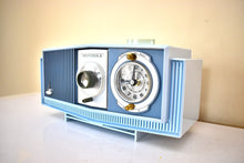 Load image into Gallery viewer, Blue on Blue Mid-Century 1963 Motorola Model C19B25 Vacuum Tube AM Clock Radio Rare Color Combo! Working Clock Light!