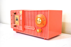 Watermelon Pink 1957 Olympic Model 409 AM ALARM Clock Radio Rare Manufacturer Excellent Condition and Sounds Great!