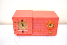 Load image into Gallery viewer, Watermelon Pink 1957 Olympic Model 409 AM ALARM Clock Radio Rare Manufacturer Excellent Condition and Sounds Great!