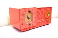 Load image into Gallery viewer, Watermelon Pink 1957 Olympic Model 409 AM ALARM Clock Radio Rare Manufacturer Excellent Condition and Sounds Great!