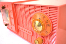 Load image into Gallery viewer, Watermelon Pink 1957 Olympic Model 409 AM ALARM Clock Radio Rare Manufacturer Excellent Condition and Sounds Great!