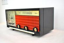 Load image into Gallery viewer, Black Orange 1955 Philco Model D737-124 AM Vacuum Tube Alarm Clock Radio Beautiful with Rare Working Clock Light!
