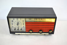 Load image into Gallery viewer, Black Orange 1955 Philco Model D737-124 AM Vacuum Tube Alarm Clock Radio Beautiful with Rare Working Clock Light!