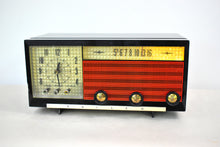 Load image into Gallery viewer, Black Orange 1955 Philco Model D737-124 AM Vacuum Tube Alarm Clock Radio Beautiful with Rare Working Clock Light!