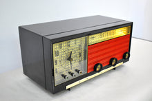 Load image into Gallery viewer, Black Orange 1955 Philco Model D737-124 AM Vacuum Tube Alarm Clock Radio Beautiful with Rare Working Clock Light!