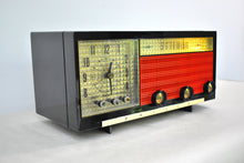 Load image into Gallery viewer, Black Orange 1955 Philco Model D737-124 AM Vacuum Tube Alarm Clock Radio Beautiful with Rare Working Clock Light!