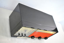 Load image into Gallery viewer, Black Orange 1955 Philco Model D737-124 AM Vacuum Tube Alarm Clock Radio Beautiful with Rare Working Clock Light!