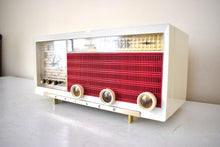 Load image into Gallery viewer, Cardinal Red White 1957 Philco Model E748-124 AM Vacuum Tube Alarm Clock Radio Rare Awesome Color Combo Works Fantastic!