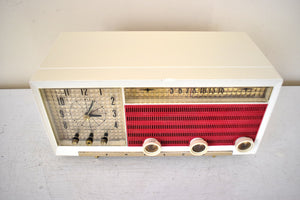 Cardinal Red White 1957 Philco Model E748-124 AM Vacuum Tube Alarm Clock Radio Rare Awesome Color Combo Works Fantastic!