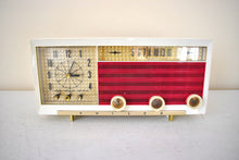 Load image into Gallery viewer, Cardinal Red White 1957 Philco Model E748-124 AM Vacuum Tube Alarm Clock Radio Rare Awesome Color Combo Works Fantastic!