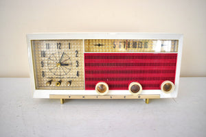 Cardinal Red White 1957 Philco Model E748-124 AM Vacuum Tube Alarm Clock Radio Rare Awesome Color Combo Works Fantastic!