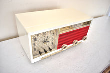 Load image into Gallery viewer, Cardinal Red White 1957 Philco Model E748-124 AM Vacuum Tube Alarm Clock Radio Rare Awesome Color Combo Works Fantastic!