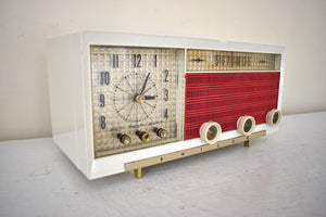 Cardinal Red White 1957 Philco Model E748-124 AM Vacuum Tube Alarm Clock Radio Rare Awesome Color Combo Works Fantastic!