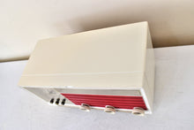 Load image into Gallery viewer, Cardinal Red White 1957 Philco Model E748-124 AM Vacuum Tube Alarm Clock Radio Rare Awesome Color Combo Works Fantastic!