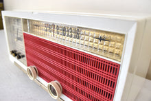 Load image into Gallery viewer, Cardinal Red White 1957 Philco Model E748-124 AM Vacuum Tube Alarm Clock Radio Rare Awesome Color Combo Works Fantastic!