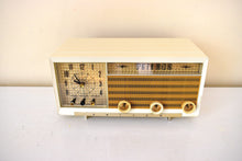 Load image into Gallery viewer, Ivory and Gold 1957 Philco Model E748-124 AM Vacuum Tube Alarm Clock Radio Rare Awesome Color Combo Works Fantastic!