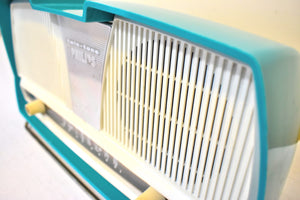 Turquoise Blue Wonder Mid Century 1959 Philips Model B2CIOU AM Vacuum Tube Radio Beautiful Design Sounds Wonderful!