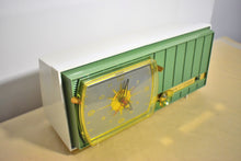Load image into Gallery viewer, Peapod Green and White Retro Jetsons Vintage 1957 RCA Victor Model 1-C-3HE AM Vacuum Tube Radio Looks and Sounds Fantastic!